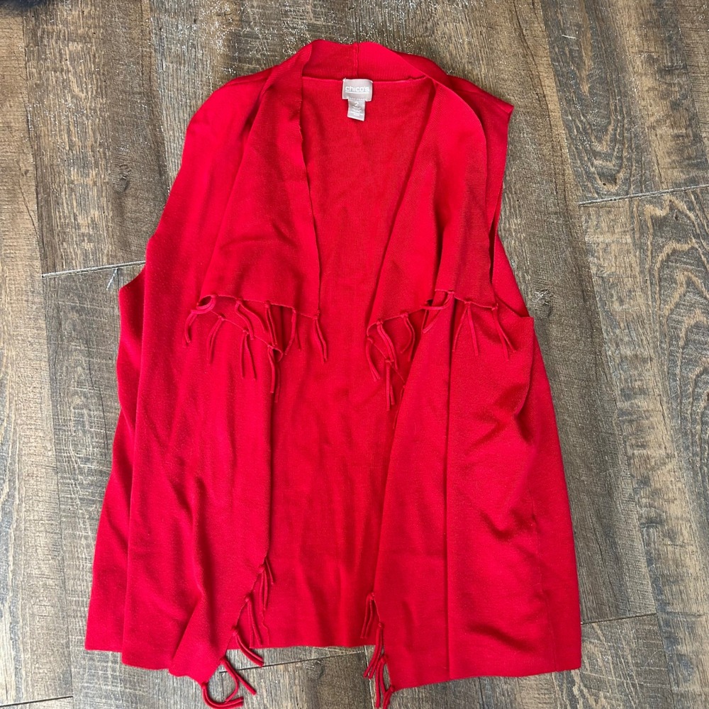 Chicos Red Draped Open Front Fringe Trim Ribbed Knit Vest Size 2 Large